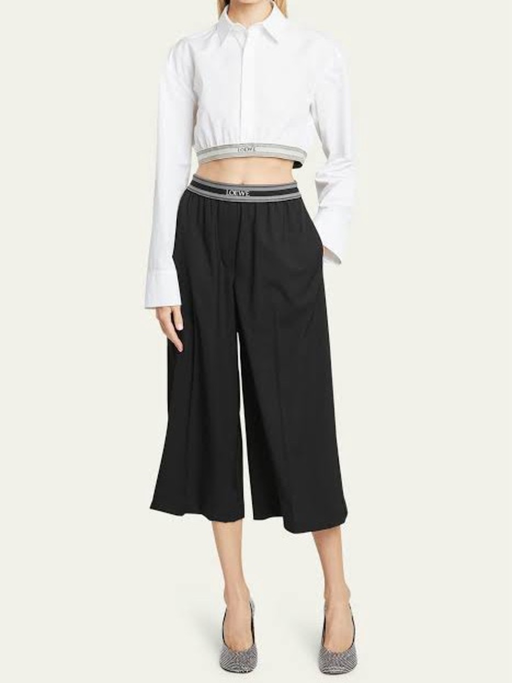 LOEWE Logo Banded Black Wide Leg Cropped Pull-On Trousers Size L